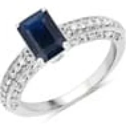 1ct Emerald Cut Blue Sapphire and Diamond Solitaire Ring 14K Gold