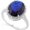 Deep Blue Created Sapphire Ring with REAL, Natural Diamonds in 925 Sterling Silver