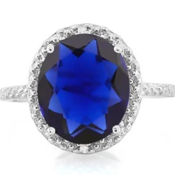 Deep Blue Created Sapphire Ring with REAL, Natural Diamonds in 925 Sterling Silver