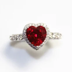 Deep Red Created Ruby and CZ Heart Ring in 925 Sterling Silver, So Romantic!