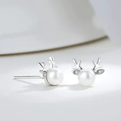 Deer Pearl Necklace and Earrings in 925 Sterling Silver