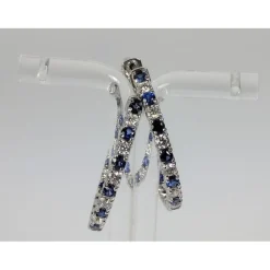 Diamond and Blue Sapphire Hoop Earrings in 14K White Gold, Made in the USA