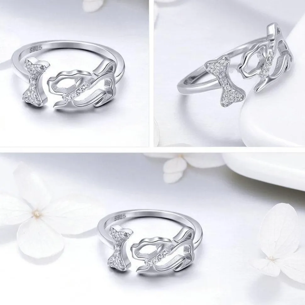 Dog Chasing a Bone Sterling Silver Ring with Sparkling CZ, For the Dog Lovers!