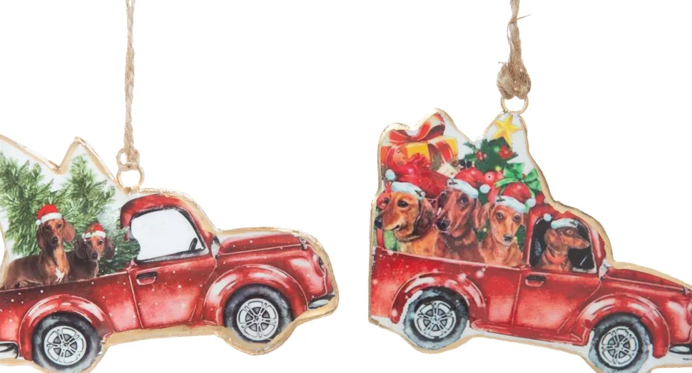 Doxie's in Pick-up Truck with Tree - Metal Ornaments