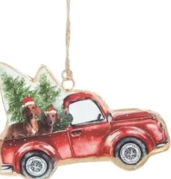 Doxie's in Pick-up Truck with Tree - Metal Ornaments