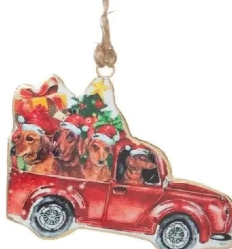 Doxie's in Pick-up Truck with Tree - Metal Ornaments