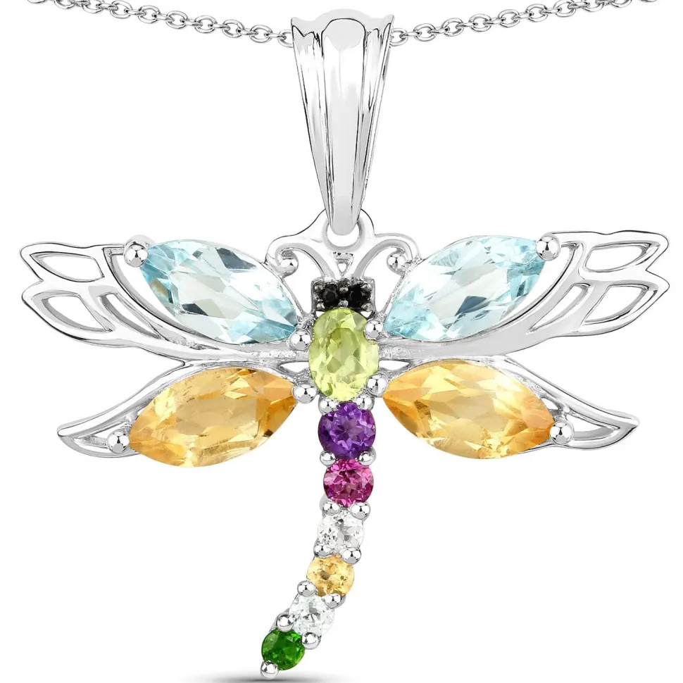 Dragonfly Necklace-Multi Colored Genuine Gemstone 2.88ctw in Sterling Silver