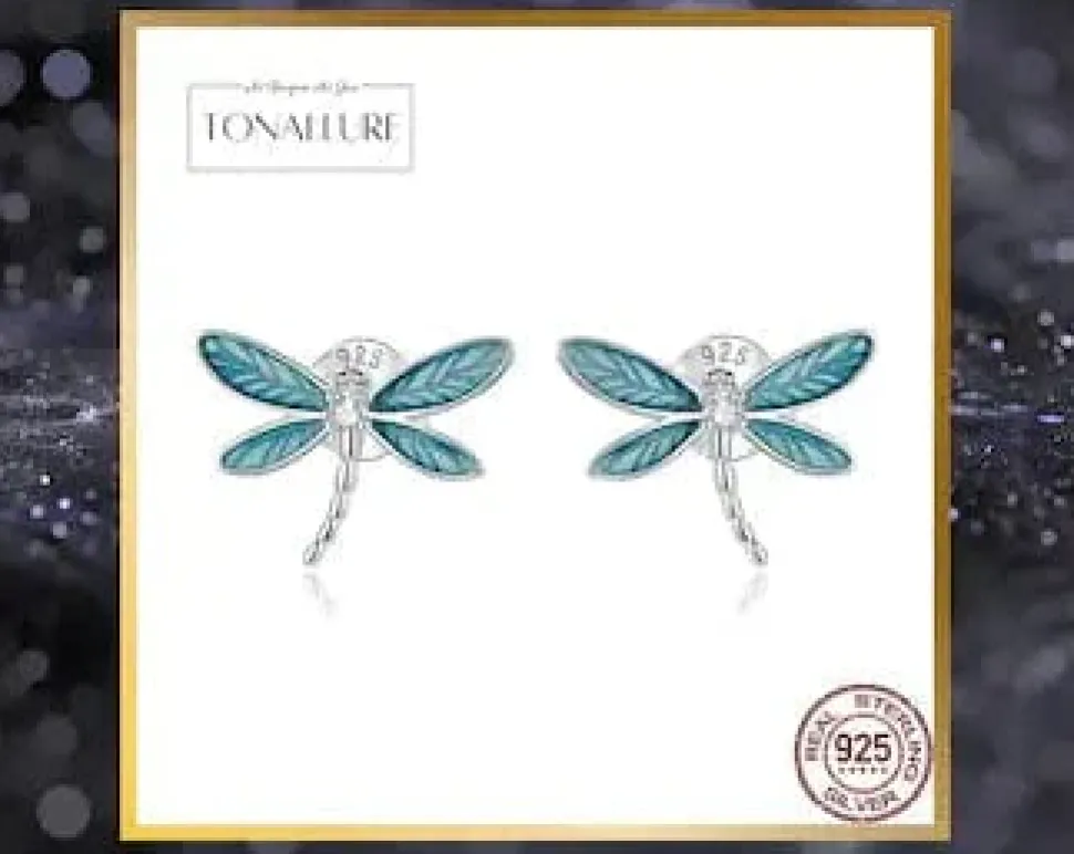 Dragonfly Ring and Earrings Fine 925 Sterling Silver Enamel and CZ