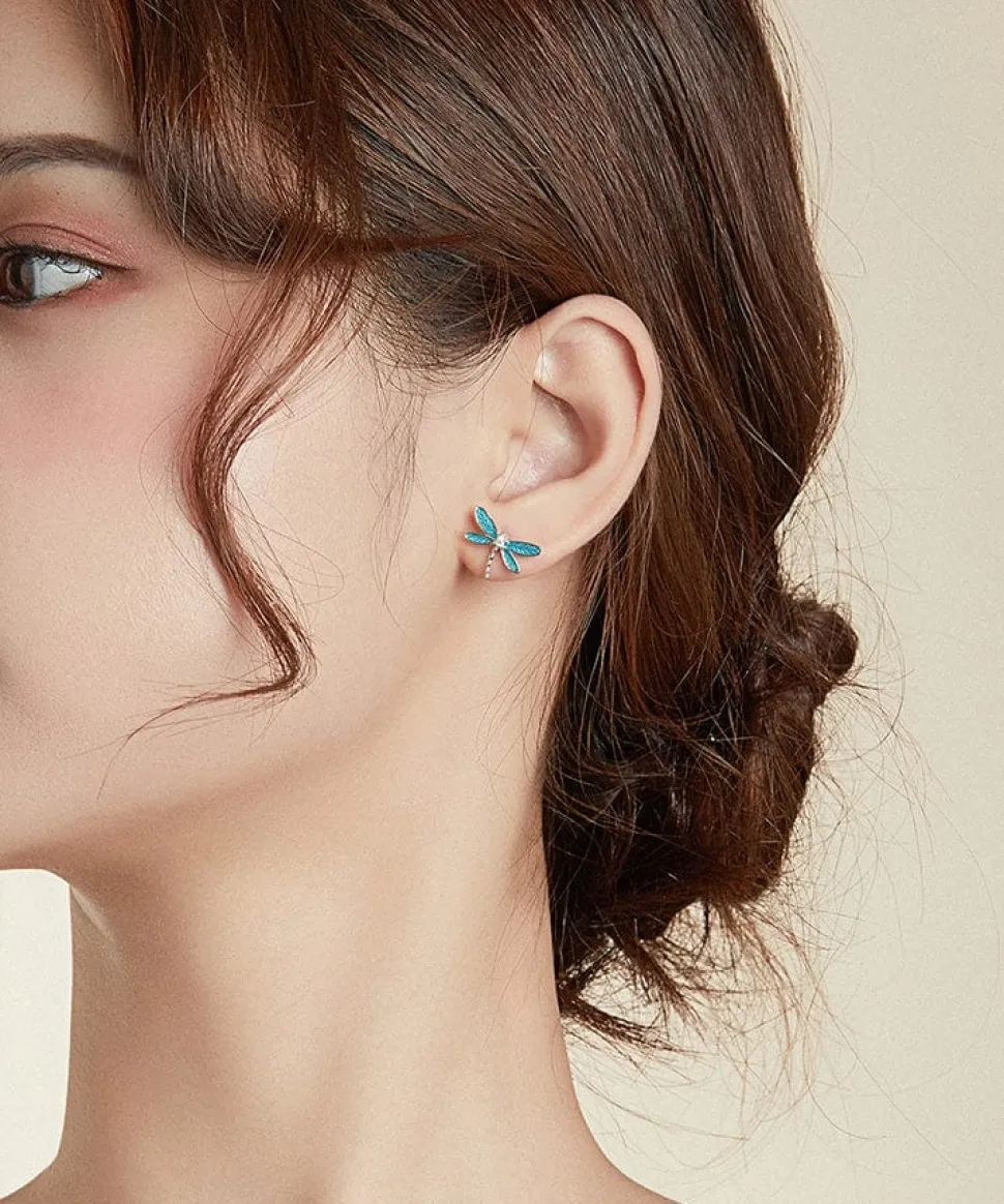 Dragonfly Ring and Earrings Fine 925 Sterling Silver Enamel and CZ