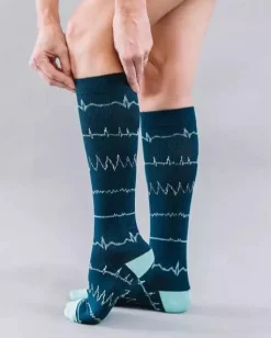 EKG Rhythm Fashion Compression Socks - Navy - Large-XL Machine Washable
