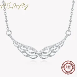 Elegant Angel Wing Necklace in Fine 925 Sterling Silver with CZ