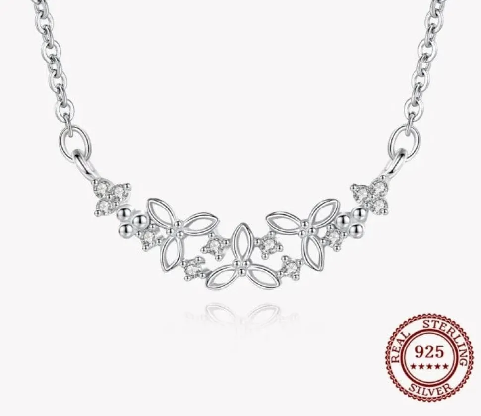 Elegant Flower Necklace in Fine 925 Sterling Silver with CZ