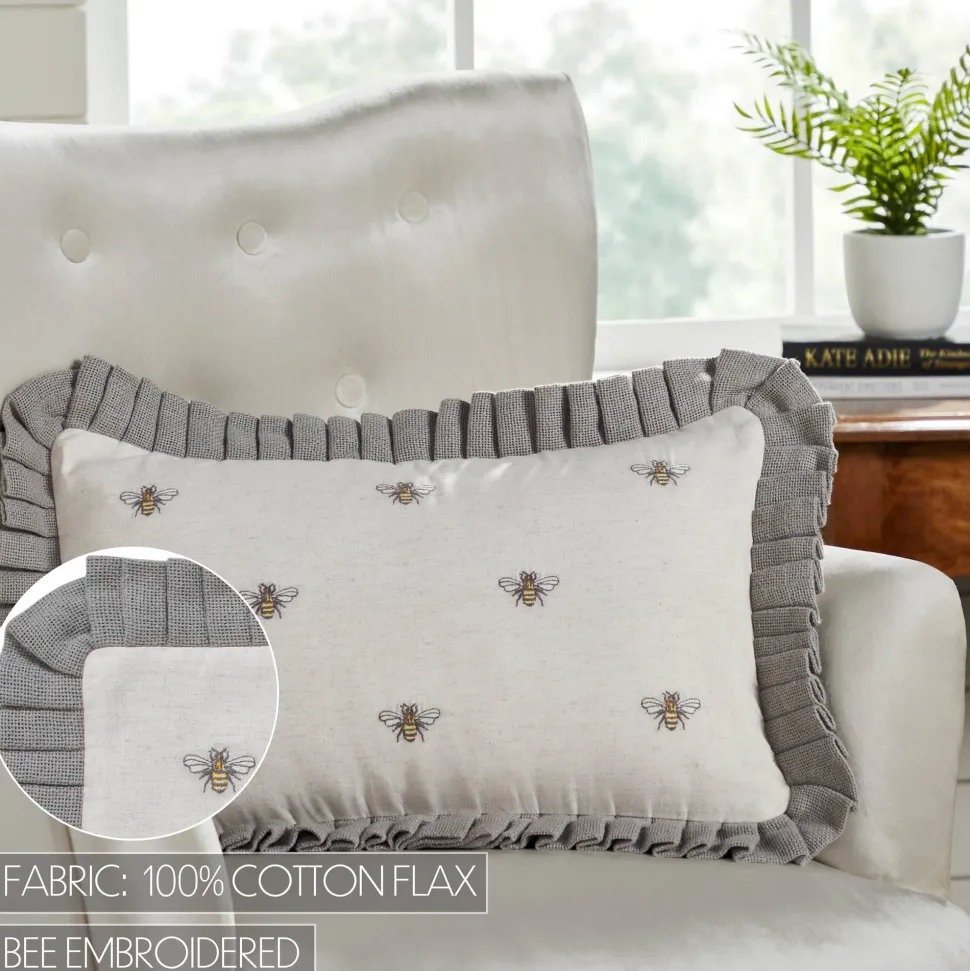 Embroidered Ruffled Bee Pillow 14x22