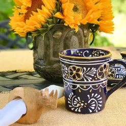 Encantada Flared Mugs Deep Blue Floral Pattern Handmade Mexican Art