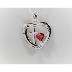 Faith, Hope and Love Sterling Silver Pendant with Red CZ Heart, Beautiful!