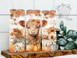 Fall Highland Cow Calf with Pumpkins & Fall Leaves