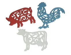 Farm Animal Rustic Cast Iron Trivet Set, Pig, Cow, Rooster
