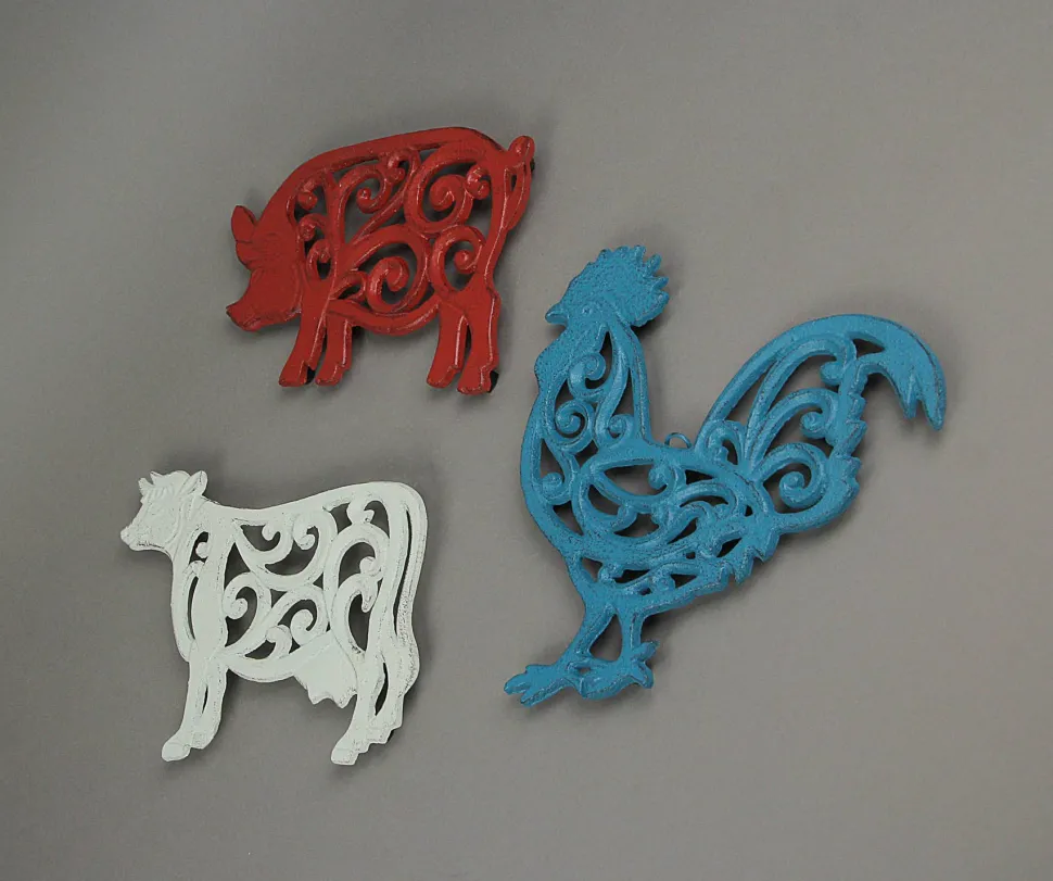 Farm Animal Rustic Cast Iron Trivet Set, Pig, Cow, Rooster