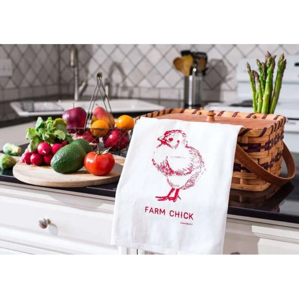 Farm Chick Handprinted White Flour Sack Tea Towel with Hanging Loop