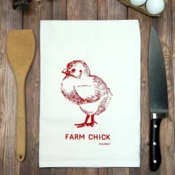 Farm Chick Handprinted White Flour Sack Tea Towel with Hanging Loop