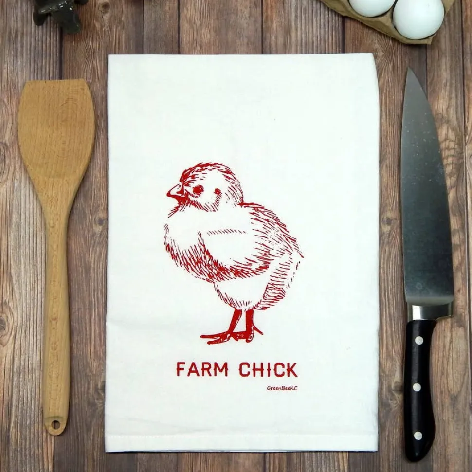 Farm Chick Handprinted White Flour Sack Tea Towel with Hanging Loop