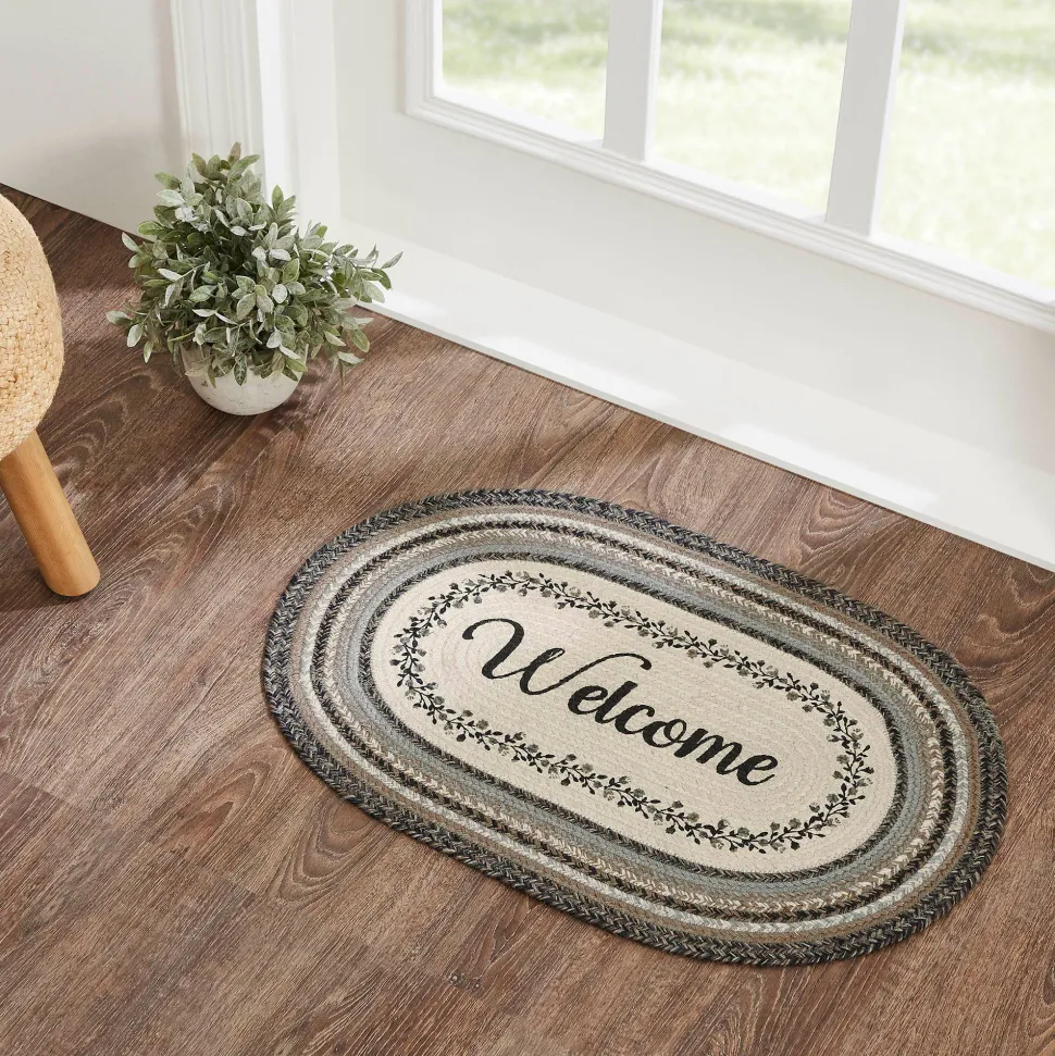 Floral Vine Jute Oval Rug "Welcome" 20x30