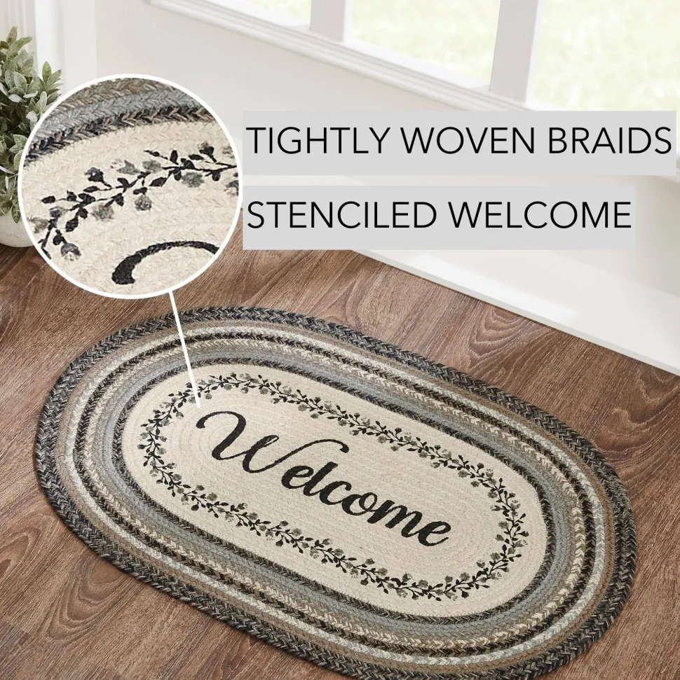 Floral Vine Jute Oval Rug "Welcome" 20x30
