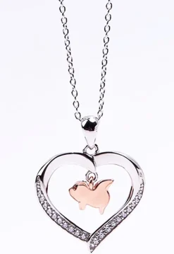 Flying Pig in a Heart with CZ Sterling Silver Necklace 18" Sliding Chain