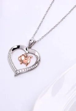 Flying Pig in a Heart with CZ Sterling Silver Necklace 18" Sliding Chain