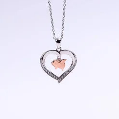 Flying Pig in a Heart with CZ Sterling Silver Necklace 18