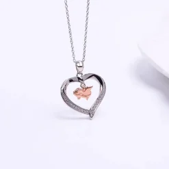 Flying Pig in a Heart with CZ Sterling Silver Necklace 18