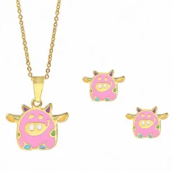 Flying Pink Piggy Jewelry Set Stainless Steel Necklace and Earrings for Girls