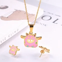 Flying Pink Piggy Jewelry Set Stainless Steel Necklace and Earrings for Girls