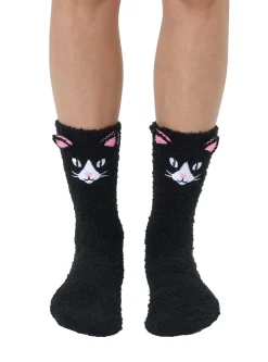 Fuzzy Black Cat Crew Socks
