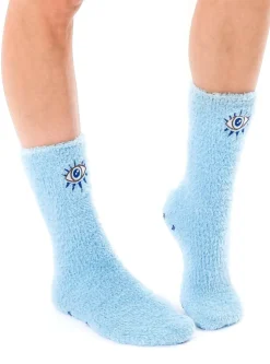 Fuzzy Evil Eye Blue Crew Socks with Grippy Bottoms