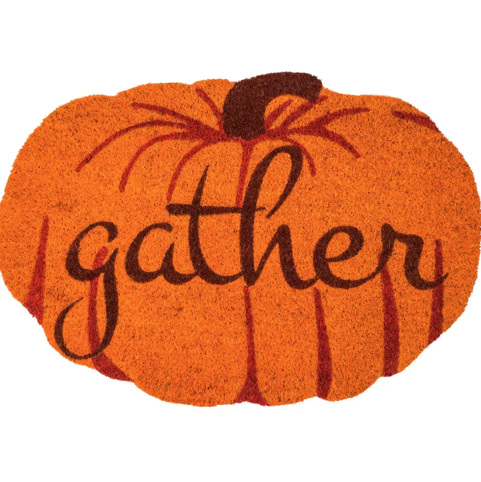 Gather Bright Pumpkin Entry Way Coir Mat, Handmade Welcome Mat