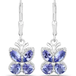 Gemstone Butterfly Drop Earrings Sterling Silver Tanzanite or Aquamarine