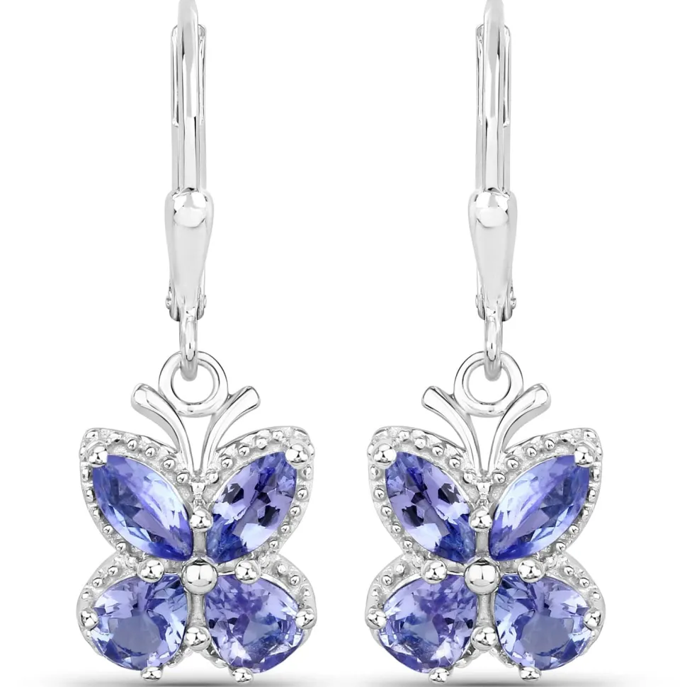 Gemstone Butterfly Drop Earrings Sterling Silver Tanzanite or Aquamarine
