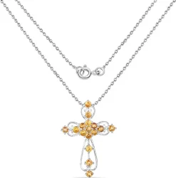 Genuine Yellow Sapphire Elegant Scrollwork Cross Symbol of Christian Faith