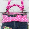 Girls Pink Pig Denim Handbag with Pink Beaded Handles and Bows