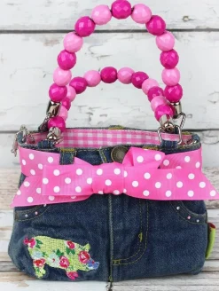 Girls Pink Pig Denim Handbag with Pink Beaded Handles and Bows