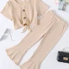 Girls Ribbed Buttoned Top and Flare Pants Set