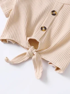 Girls Ribbed Buttoned Top and Flare Pants Set