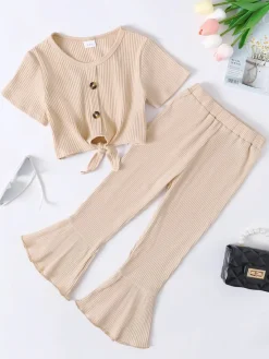 Girls Ribbed Buttoned Top and Flare Pants Set