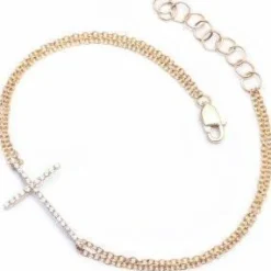 Gold 14K and Diamond Sideways Cross Jewelry, Bracelet Double Strand 14K Yellow Gold