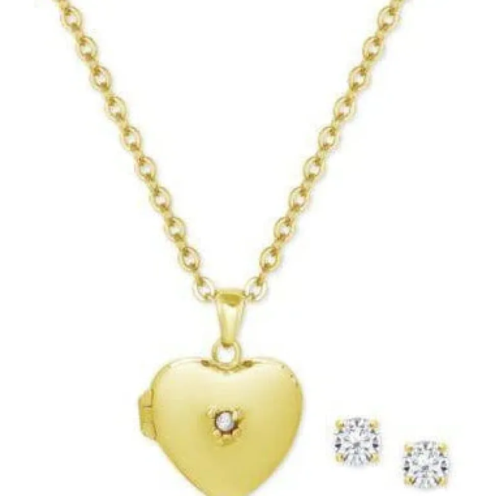 Gold Locket Girl's Sterling Silver Earrings & Necklace Set