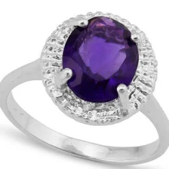 Gorgeous 2.3ctw Amethyst & Diamond Platinum Plated 925 Silver Ring