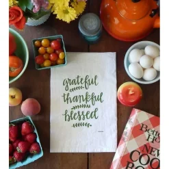 Grateful, Thankful, Blessed Handprinted White Flour Sack Tea Towel with Hanging Loop