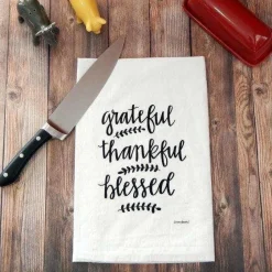 Grateful, Thankful, Blessed Handprinted White Flour Sack Tea Towel with Hanging Loop