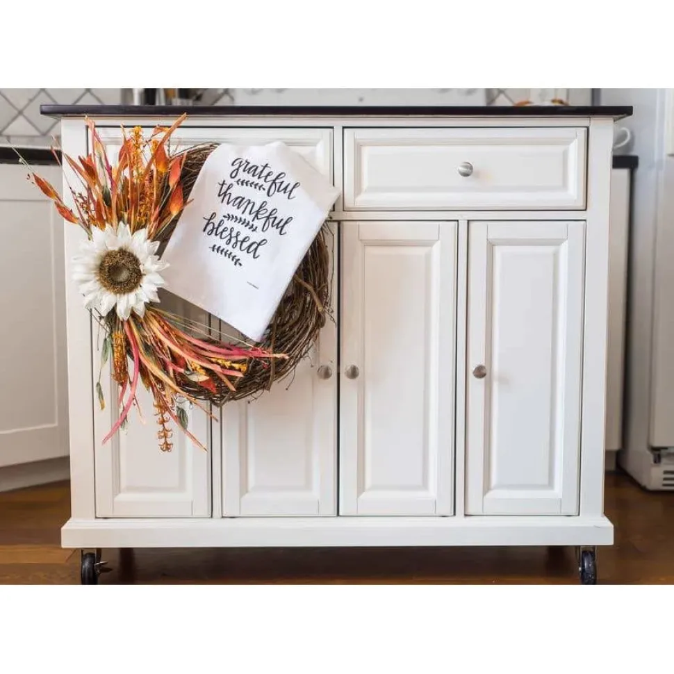 Grateful, Thankful, Blessed Handprinted White Flour Sack Tea Towel with Hanging Loop